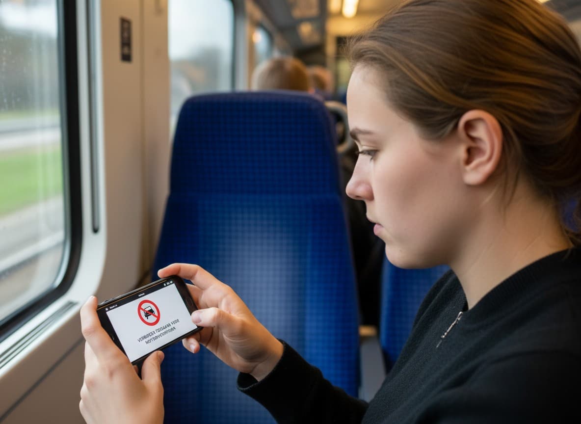 Student practising flashcards on her phone on the train