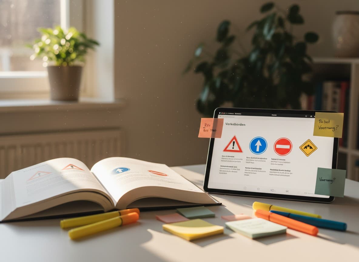 Theory book and tablet showing traffic signs on a study desk