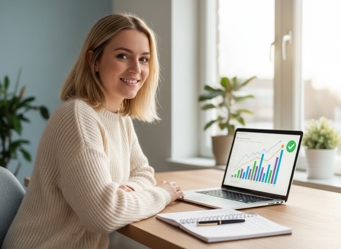 Student reviewing her results and progress chart on a laptop