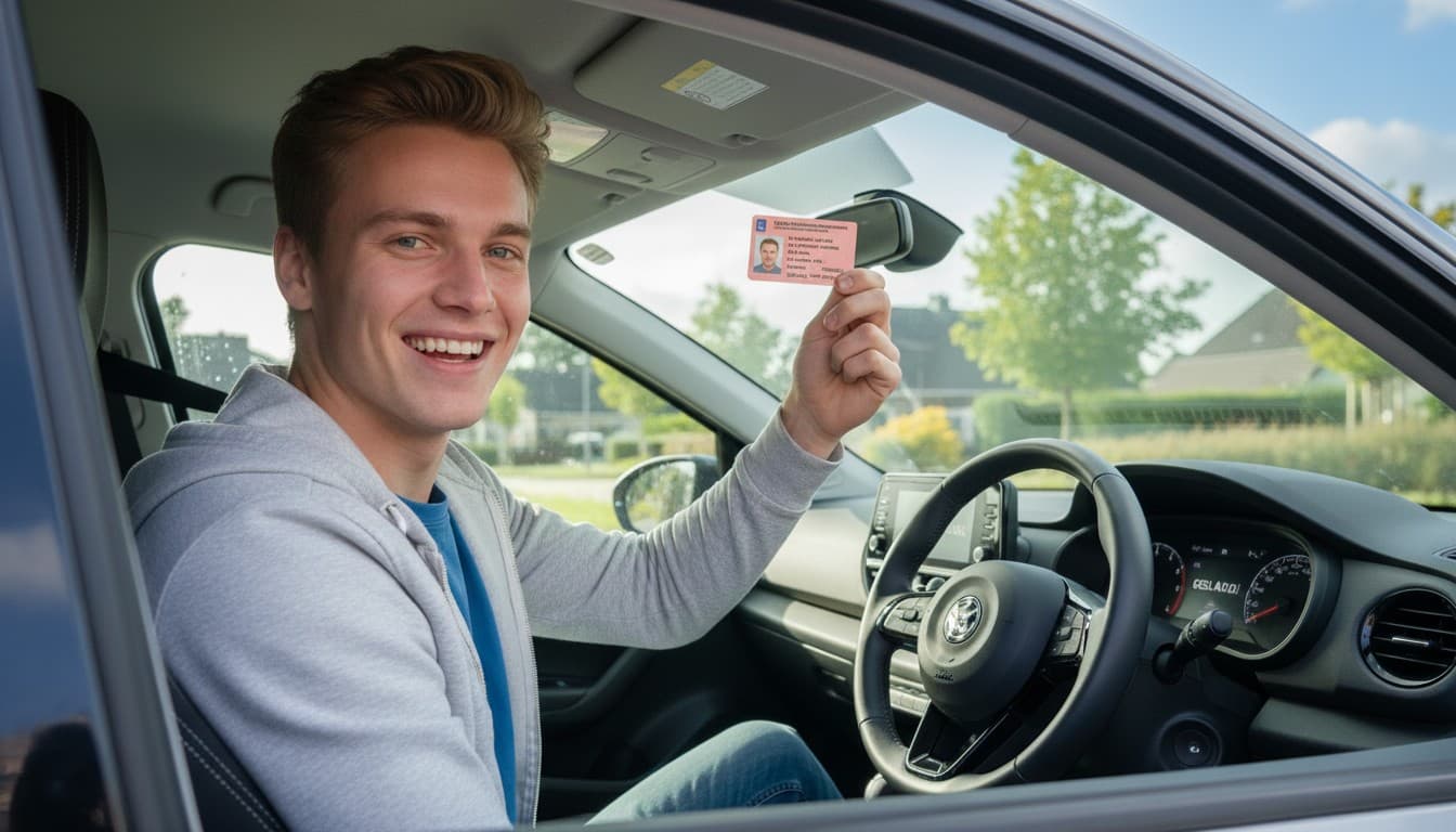 Proud young driver showing his license from the car after passing the Dutch theory exam